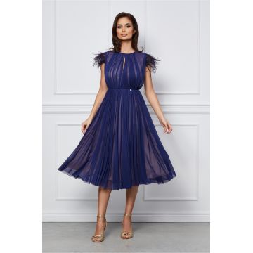 Rochie Dy Fashion bleumarin cu pene la umeri