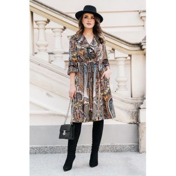 Rochie Dy Fashion maro cu imprimeuri caramizii si volane pe bust
