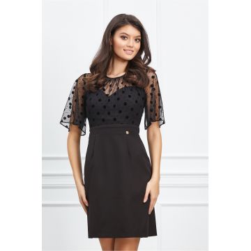 Rochie Dy Fashion neagra cu tull si buline catifelate la bust