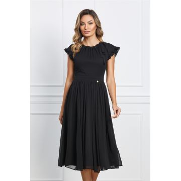 Rochie Dy Fashion neagra din voal cu volanas la maneci