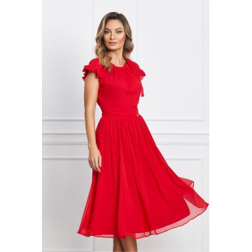 Rochie Dy Fashion rosie din voal cu volanas la maneci