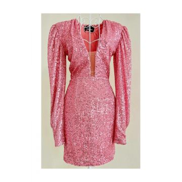 Rochie Eleganta de Dama, din Paiete, cu Maneca Lunga si Decolteu Adanc, Fiorita, Roz