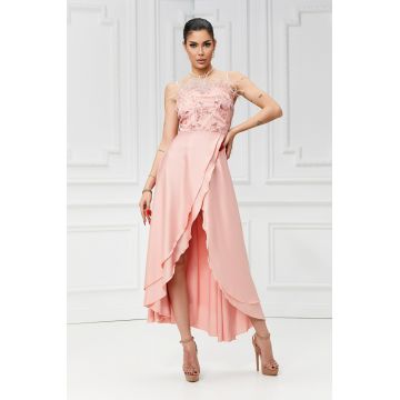Rochie Eleganta de Dama, Lunga, Petrecuta si cu Bust Accesorizat cu Fulgi si Paiete,Angelinna, Roz Pudra