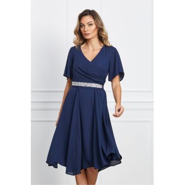 Rochie Ella Collection Amy bleumarin cu pliuri la bust si cordon in talie