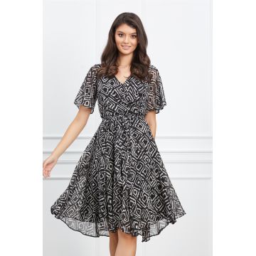 Rochie Ella Collection Amy din voal neagra cu imprimeu alb si cordon in talie