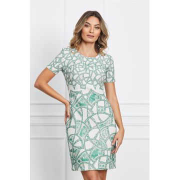 Rochie Liana ivory cu imprimeu verde si bej