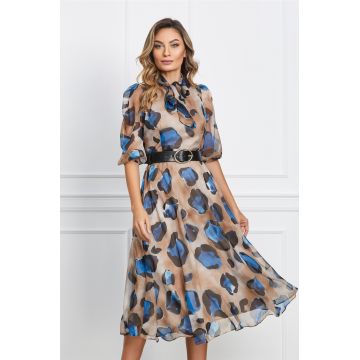 Rochie Lorena bej cu animal print albastru si curea in talie