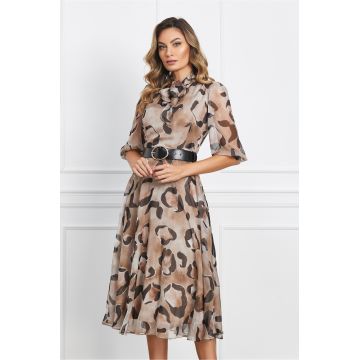 Rochie Lorena bej cu animal print si curea in talie