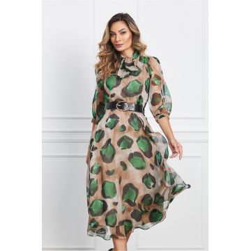 Rochie Lorena bej cu animal print verde si curea in talie