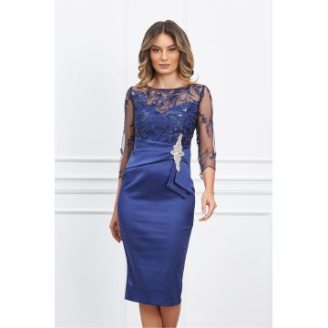 Rochie MBG bleumarin cu dantela la bust si accesoriu in talie