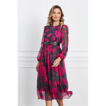 Rochie Miranda gri cu imprimeuri fucsia si curea in talie
