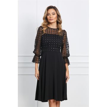Rochie Moze neagra cu buline din glitter si insertii catifelate la bust