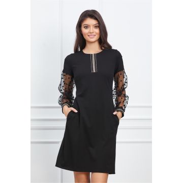 Rochie Moze neagra cu maneci din tull cu buline catifelate