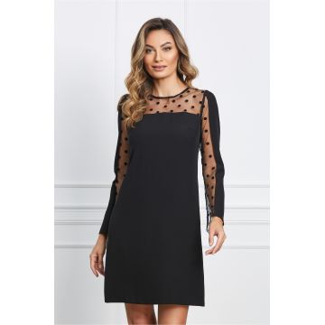 Rochie Moze neagra cu tull transparent si buline catifelate