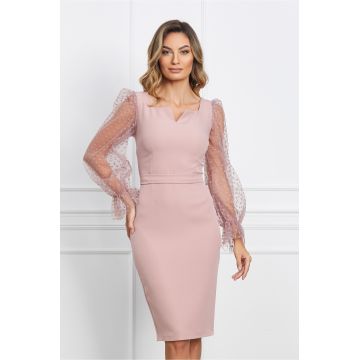 Rochie roz cu buline catifelate pe maneci