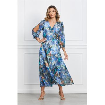 Rochie Tora petrecuta albastra cu imprimeu floral pastelat