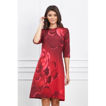 Rochie Viviana bordo cu imprimeuri floral fucsia