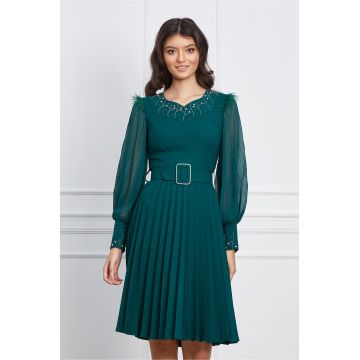 Rochie Adina verde plisata cu fugi la umeri si curea in talie
