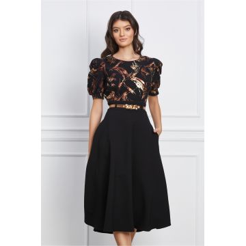 Rochie Ania neagra cu imprimeu aramiu pe bust si curea in talie