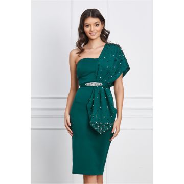 Rochie Antonia verde din neopren cu un umar gol accesorizata cu perle