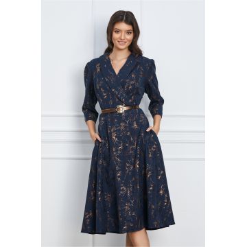 Rochie Carolina bleumarin cu auriu si curea in talie