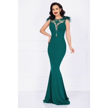 Rochie de lux Kathrin sirena verde cu flori 3D la umeri si fulgi