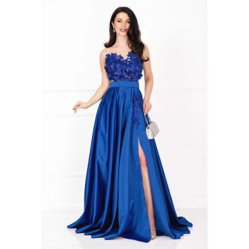 Rochie de nasa albastru-royal din tafta cu flori 3D si broderie