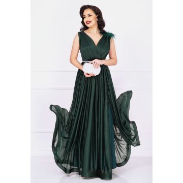 Rochie de nasa Maia verde lunga eleganta cu sclipici si accesoriu cu fulgi