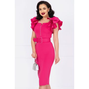 Rochie de ocazie fucsia cu volan dublu pe umeri si catarama pretioasa