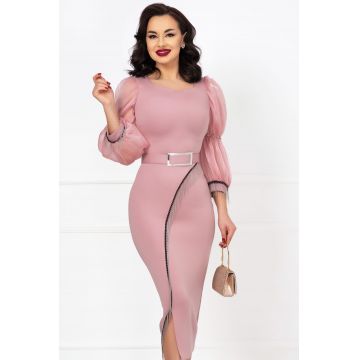 Rochie de ocazie rose cu franjuri argintii si maneci din organza