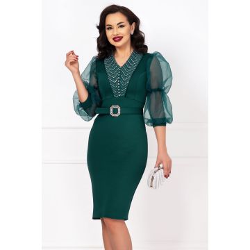 Rochie de ocazie verde cu maneci bufante din organza si pietre decorative