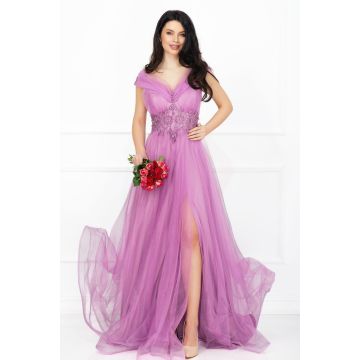 Rochie de seara Evelyn lunga lila eleganta din tulle cu strassuri