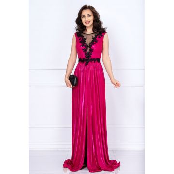 Rochie de seara Ginette fuchsia peliculizata cu broderie aplicata