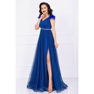 Rochie de seara Gratiela albastru royal cu perle in talie si accesoriu tip fulgi