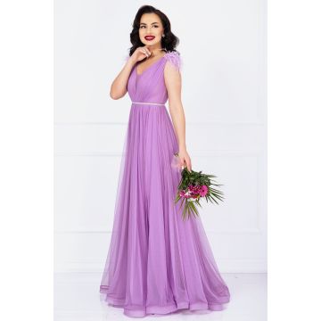 Rochie de seara Gratiela lila cu perle in talie si accesoriu tip fulgi