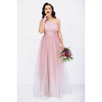 Rochie de seara Kendra lunga rose in degrade eleganta din tulle cu floare 3D