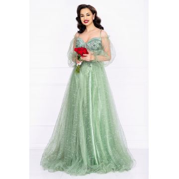 Rochie de seara Patrizia mint din tulle cu sclipici si margele