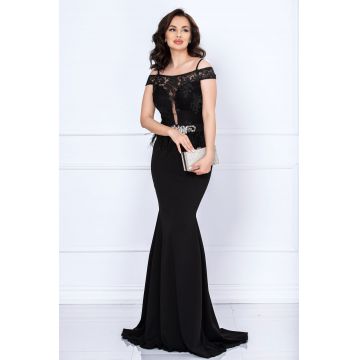 Rochie de seara tip sirena Renata neagra cu broderie si fulgi