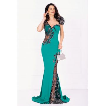 Rochie de seara tip sirena Sherrel verde cu flori din paiete argintii