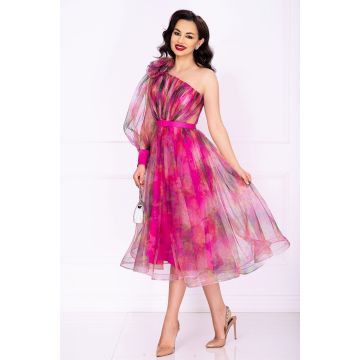 Rochie diafana de ocazie fuchsia Ellen cu imprimeu tip pictura