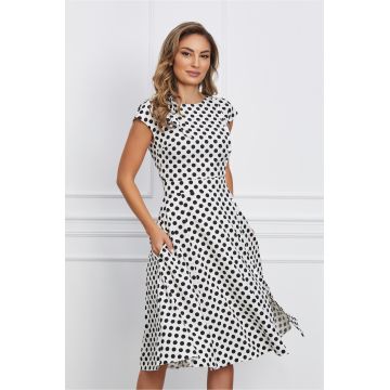 Rochie Dy Fashion alba cu buline negre cu funda si nasturi