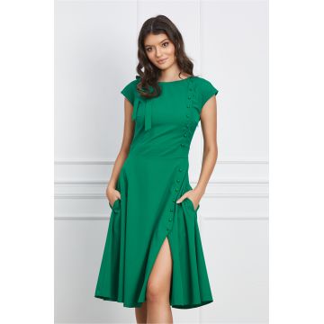 Rochie Dy Fashion verde cu funda si nasturi