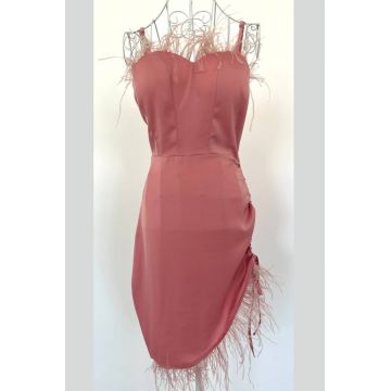 Rochie Eleganta din Satin, in Bretele Subtiri, cu Fulgi, Niobe, Roz