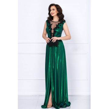 Rochie eleganta Ginette verde peliculizata cu broderie aplicata