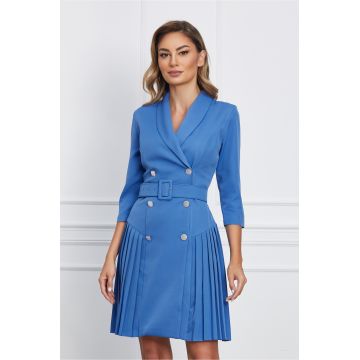 Rochie Iris albastra tip sacou cu pliuri la baza
