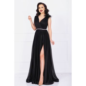 Rochie Maia de nasa neagra lunga eleganta cu sclipici si accesoriu cu fulgi