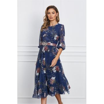 Rochie Maria bleumarin cu flori roz si curea in talie