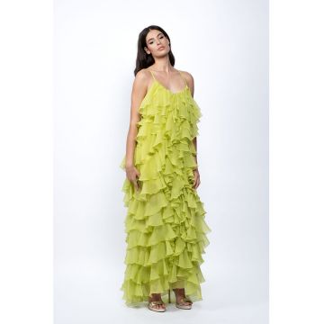 Rochie maxi cu aspect matasos si volane stratificate