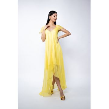 Rochie maxi vaporoasa din matase cu croiala asimetrica