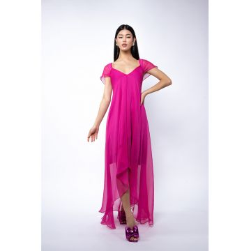 Rochie maxi vaporoasa din matase cu croiala asimetrica